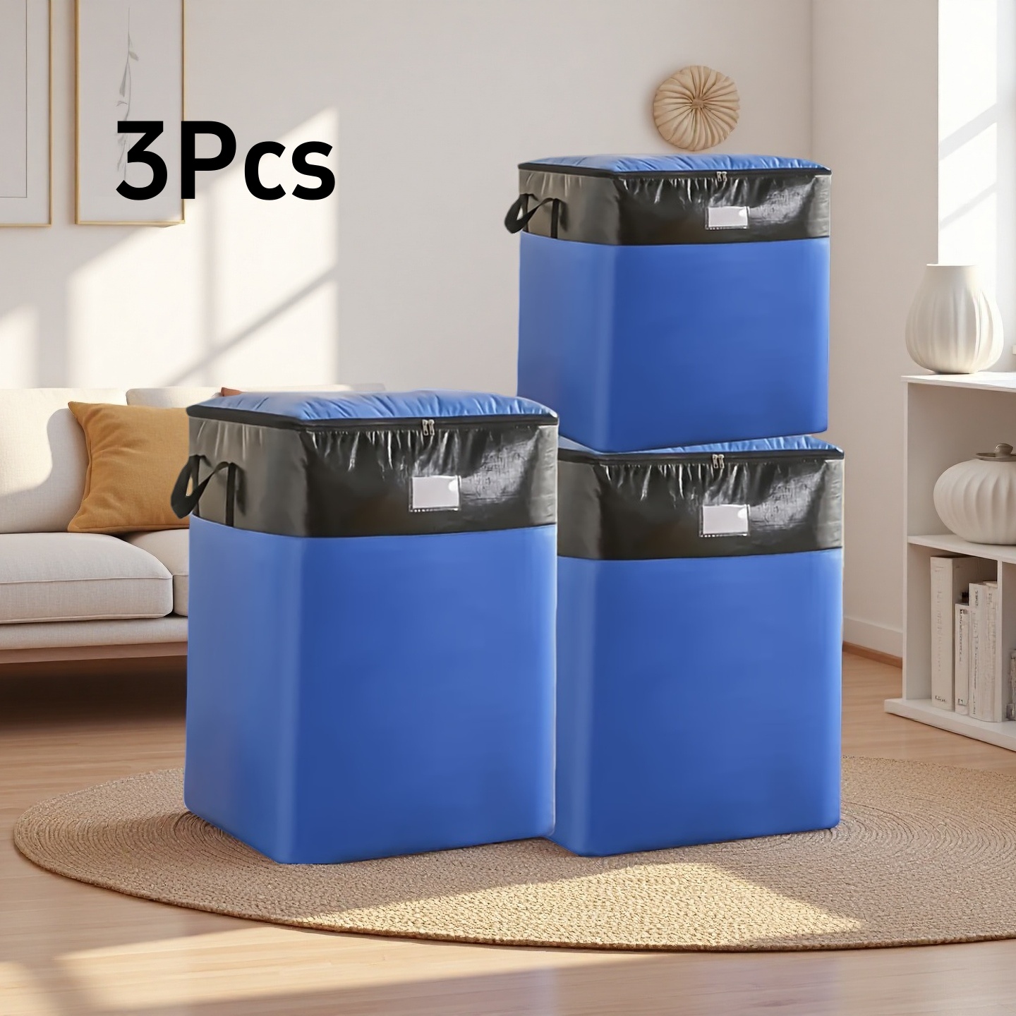 TEMU 3pcs Extra-large Heavy-duty Mobile Bags, Foldable Clothes Storage Bags With Zippers And Handles, Heavy-duty Storage Hand-held Bag Mobile Boxes,