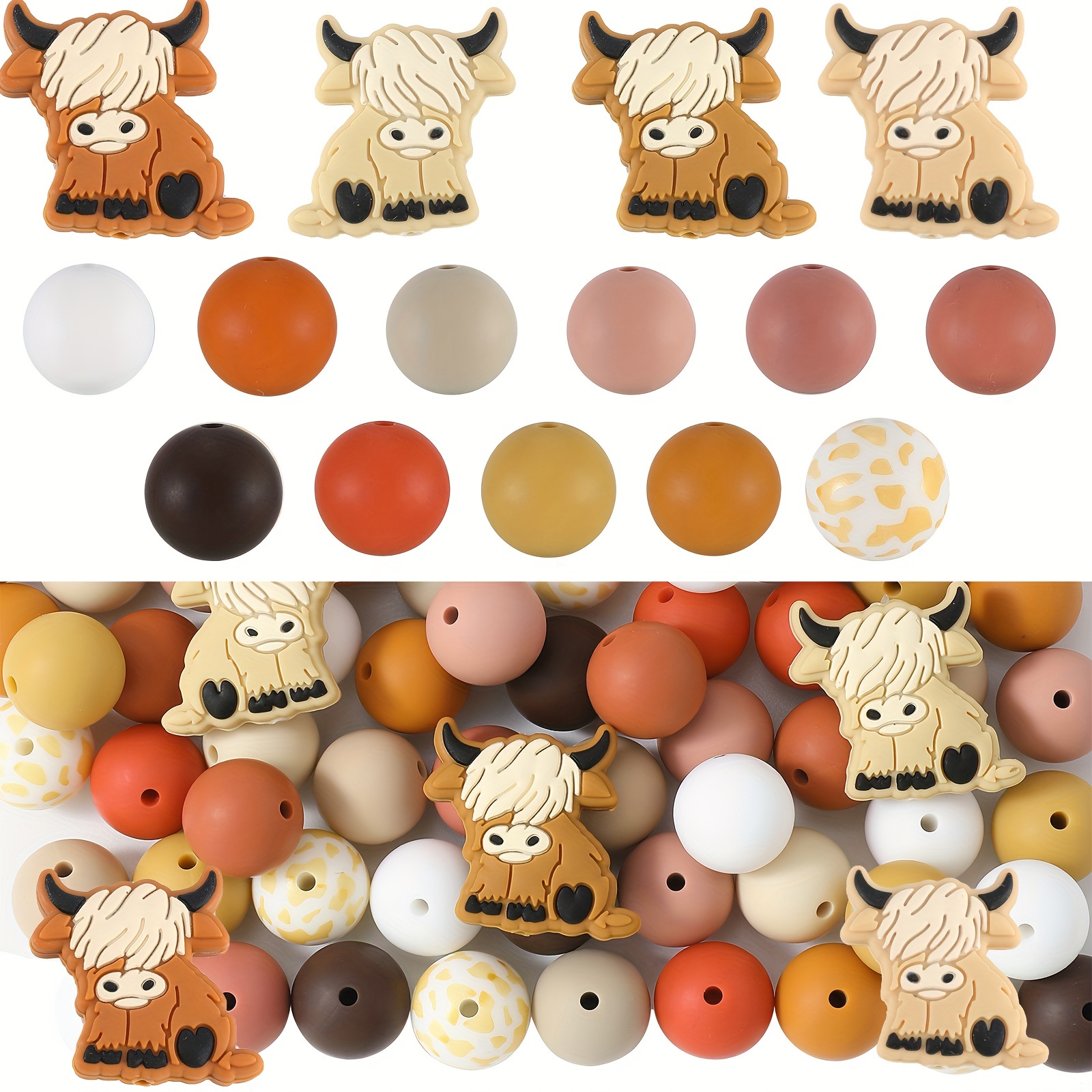 

100pcs Brown Cow Theme Silicone Bulk Beads Set For Jewelry Making Diy Creative Key Bag Chain Character Pens Decors Bracelet Necklace Craft Supplies