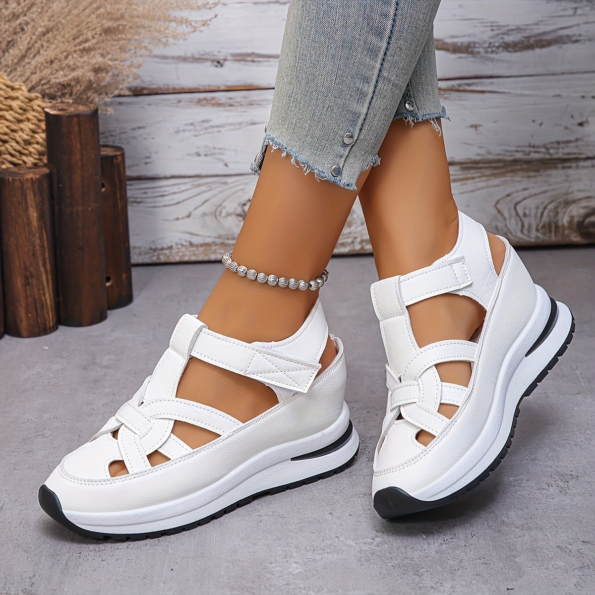 womens elegant white wedge sneakers adjustable hook loop Temu