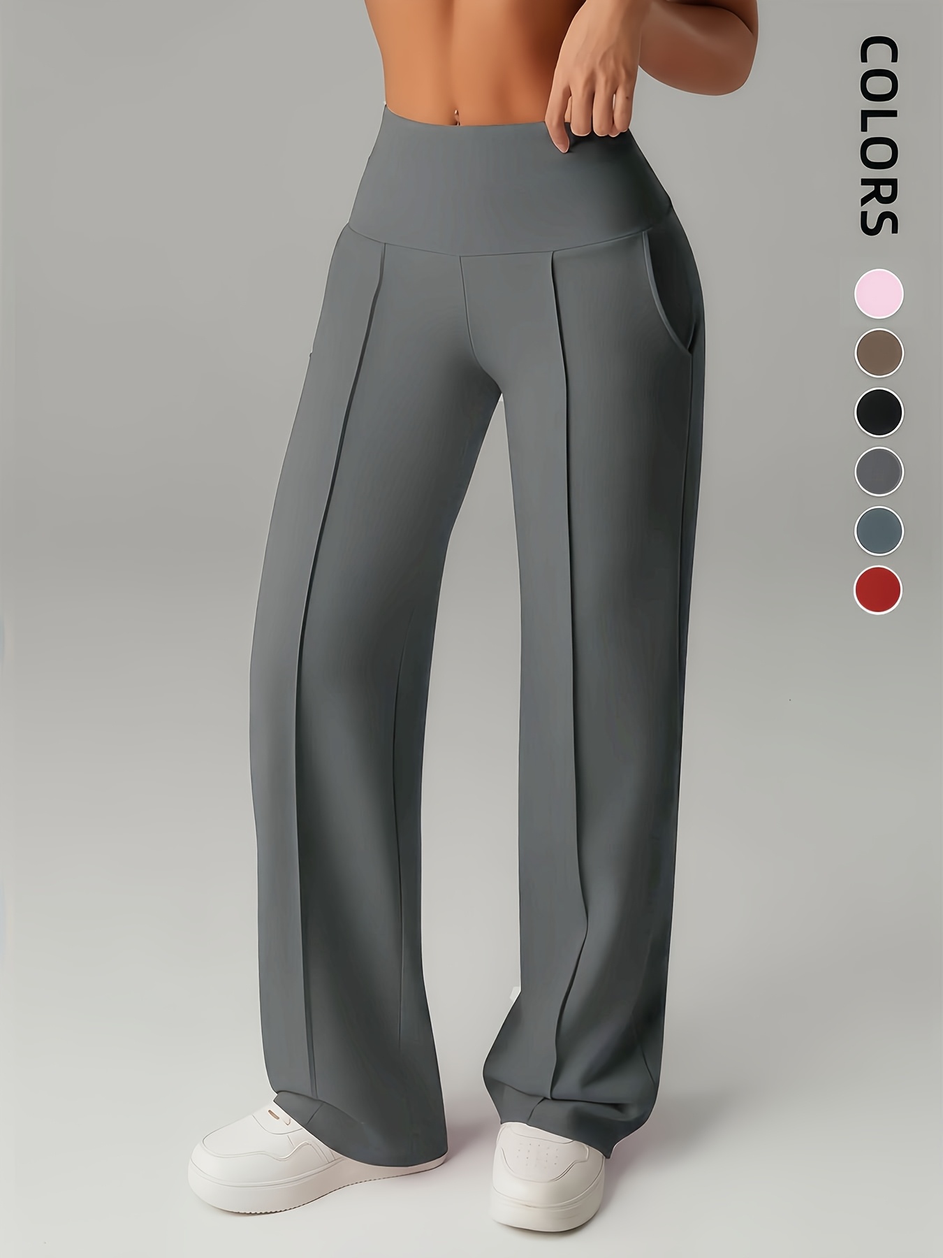 Women'S Leggings, 1pc Straight Wide-Leg Pants, Athletic Quick-Dry Yoga Pants with Pockets, Commuter-Friendly Yoga Trousers, Stretch Athletic Pants High-Waist Leggings, Slight Flared Skinny Pants