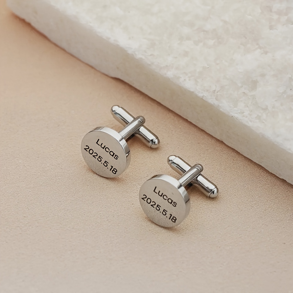 TEMU Custom Minimalist Name Cufflinks, Personalized Black Printed Birthday Cufflinks, Stainless Steel Geometric Round Date Cufflinks, Birthday Gift