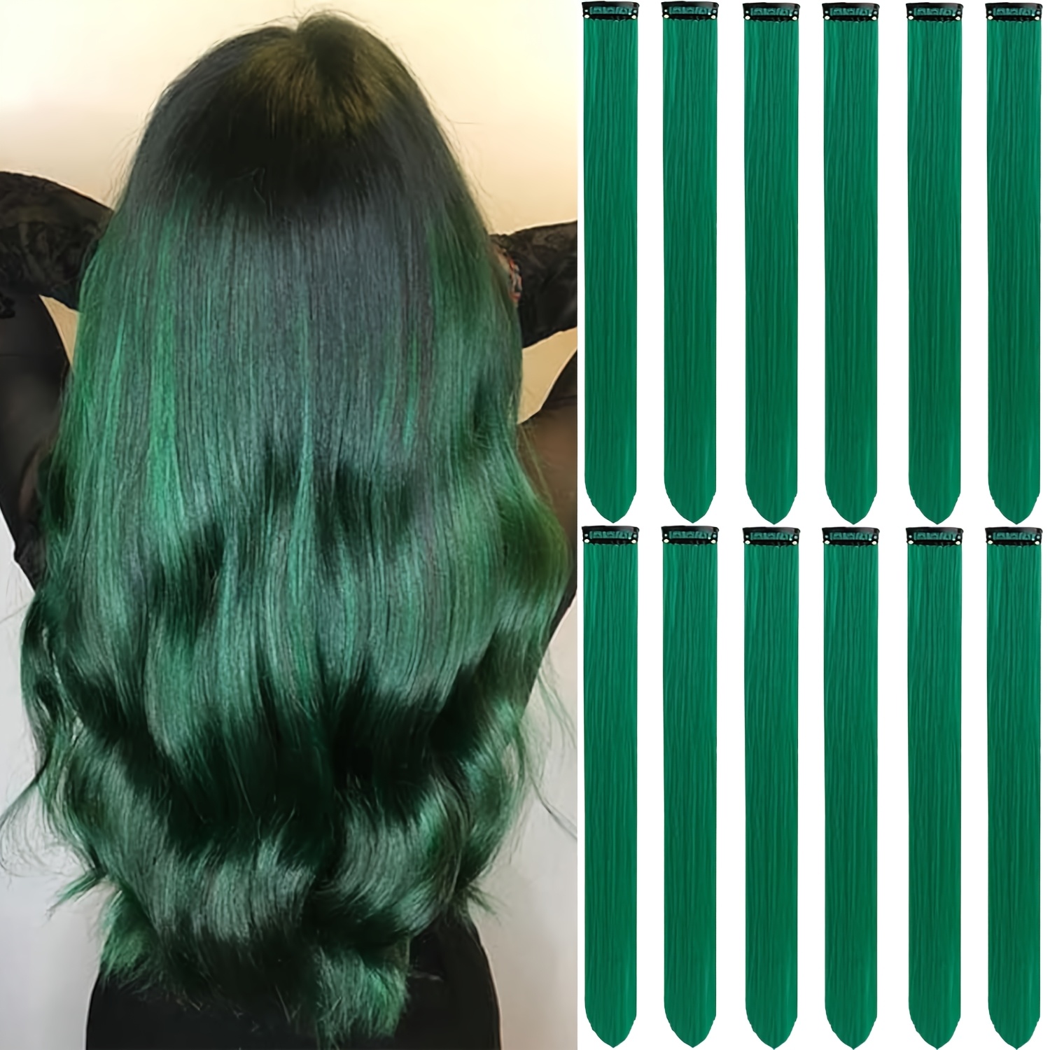 E-shop (Grün) Haarsträhnen-Set, 12 Stück Haarsträhnen-Clips, 20 Zoll Glitzer-Haarsträhnen, hitzebeständige Haarsträhnen-Clips, funkelnde