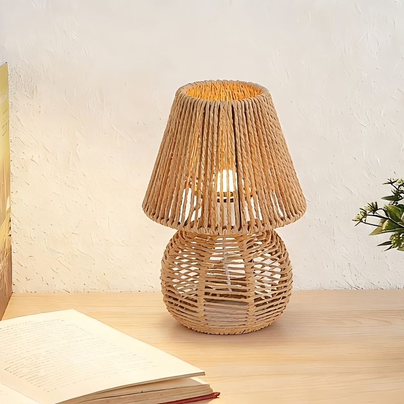 Creative Handmade Paper Rope Small Table Lamp, Modern Bedside Nightstand Lamp, Bedroom Living Room Small Table Lamp, Side Table Paper Rope Aesthetic Vintage Lamp with Three-Color Temperature Settings