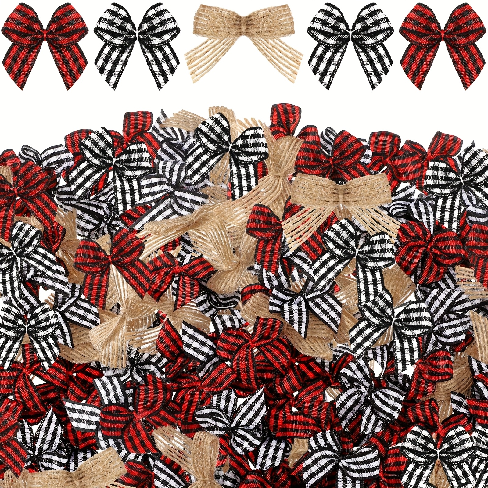 TEMU 150pcs Of Handmade Mini Bows In A Checkered Design For Christmas, Featuring Tiny Twist Ties. Ideal For Hair Additions, Small Bows Are Perfect For Sewing And Party Decorations