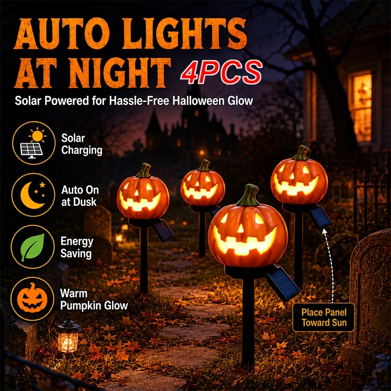 TEMU 2/4pcs Halloween Solar Pumpkin Lantern, Outdoor Solar Light, Smart Light Sensing/ip44 Waterproof/haunted Horror Pumpkin Lantern, Outdoor Lawn