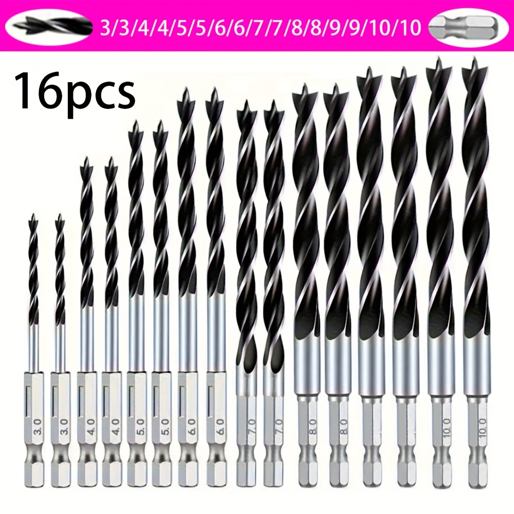 16pcs 1/4" Hex Shank Woodworking Drill Bits - 3-point Tip For Precise Drilling Suitable For Wood, Plastic, Cardboard, - Compatible For Drill Press, Hand Drill, Table Saw, Router Table