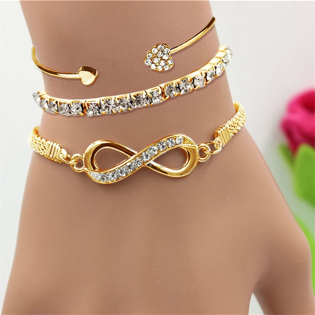 3pcs womens bracelet set fashionable elegant   infinity symbol tennis chain open bangle set suitable for everyday versatile party gift for girlfriend