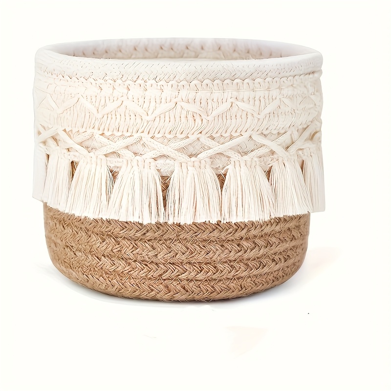 Image of 1pc Hand Woven Storage Basket With Tassel Details - Hypoallergenic, Lightweight Desktop Organizer For Cosmetics, Pens & Art Supplies - Fiber With Decorative Macramé Design