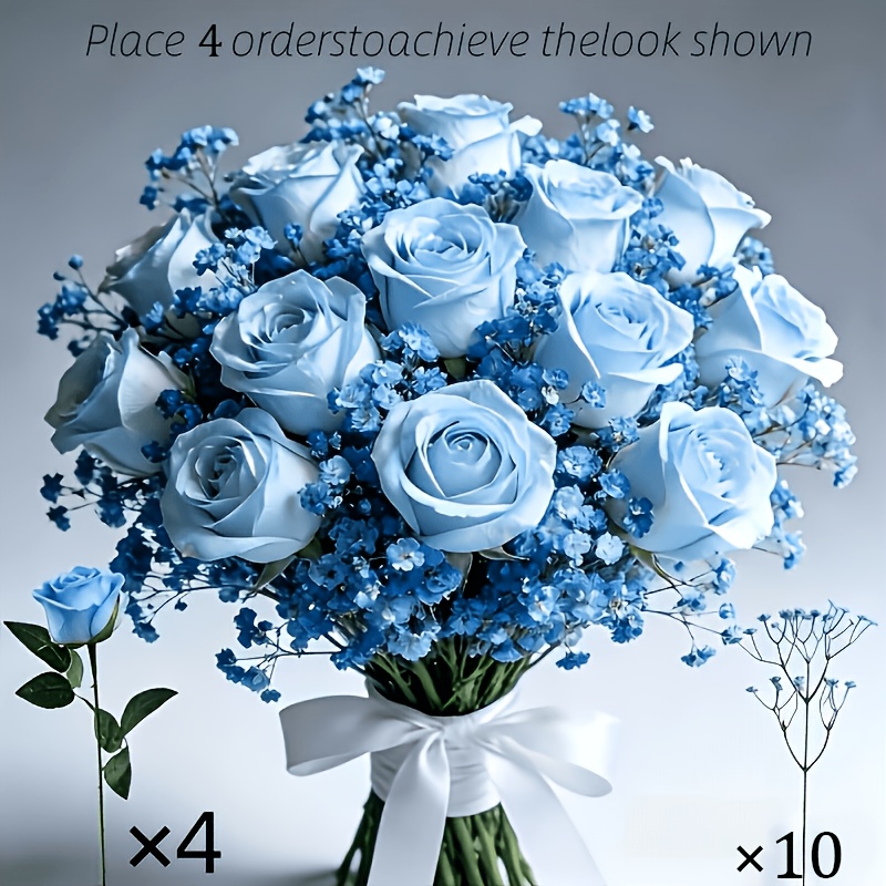TEMU 14pcs Rosas Azules Realistas y 'S Breath' Azul, Ramo Artificial Mezclado - Flores de Plástico Duraderas, Adecuadas para , Día de San Valentín,