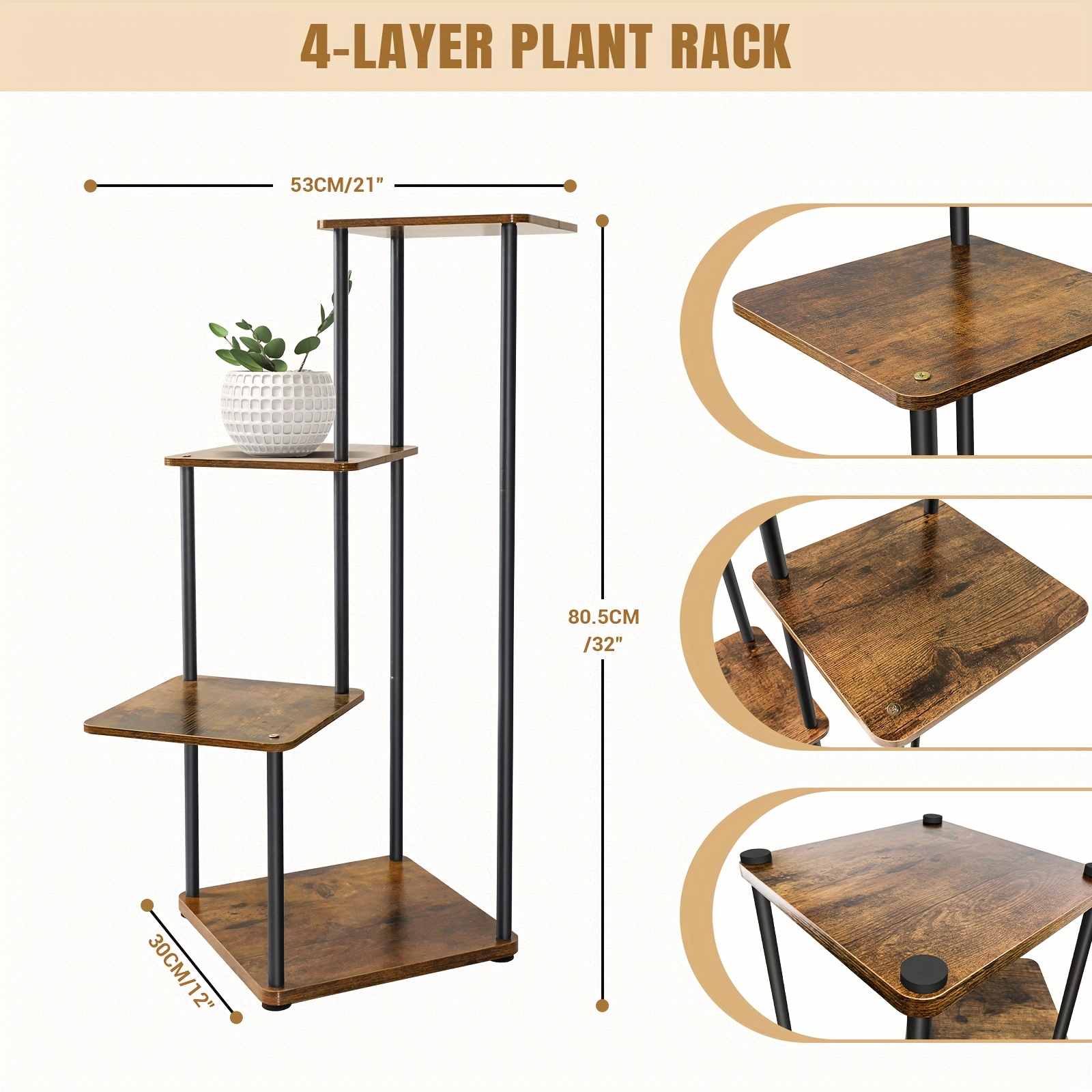TEMU 4 Tier Floor Standing For Flowers Iron 4 Layers Plant Stand Storage Shelf Pot Rack Organizer Home Garden Decoration, Rustic Wood & Black Metal
