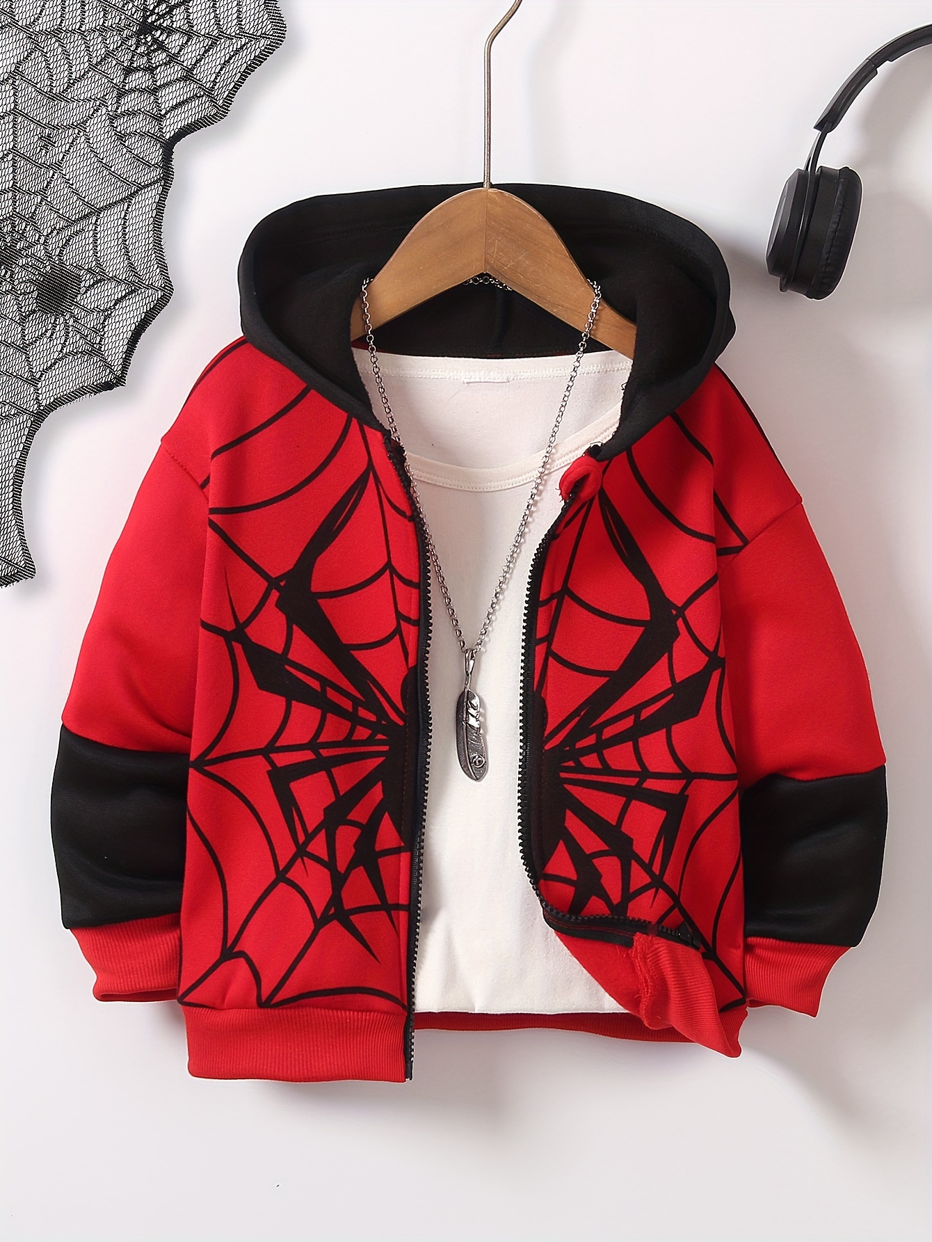 Boys' Athletic Casual Spider Web Full Print Patchwork Sleeve Zipper Hoodie Jacket Outdoor Party Warm Comfortable Fall Winter