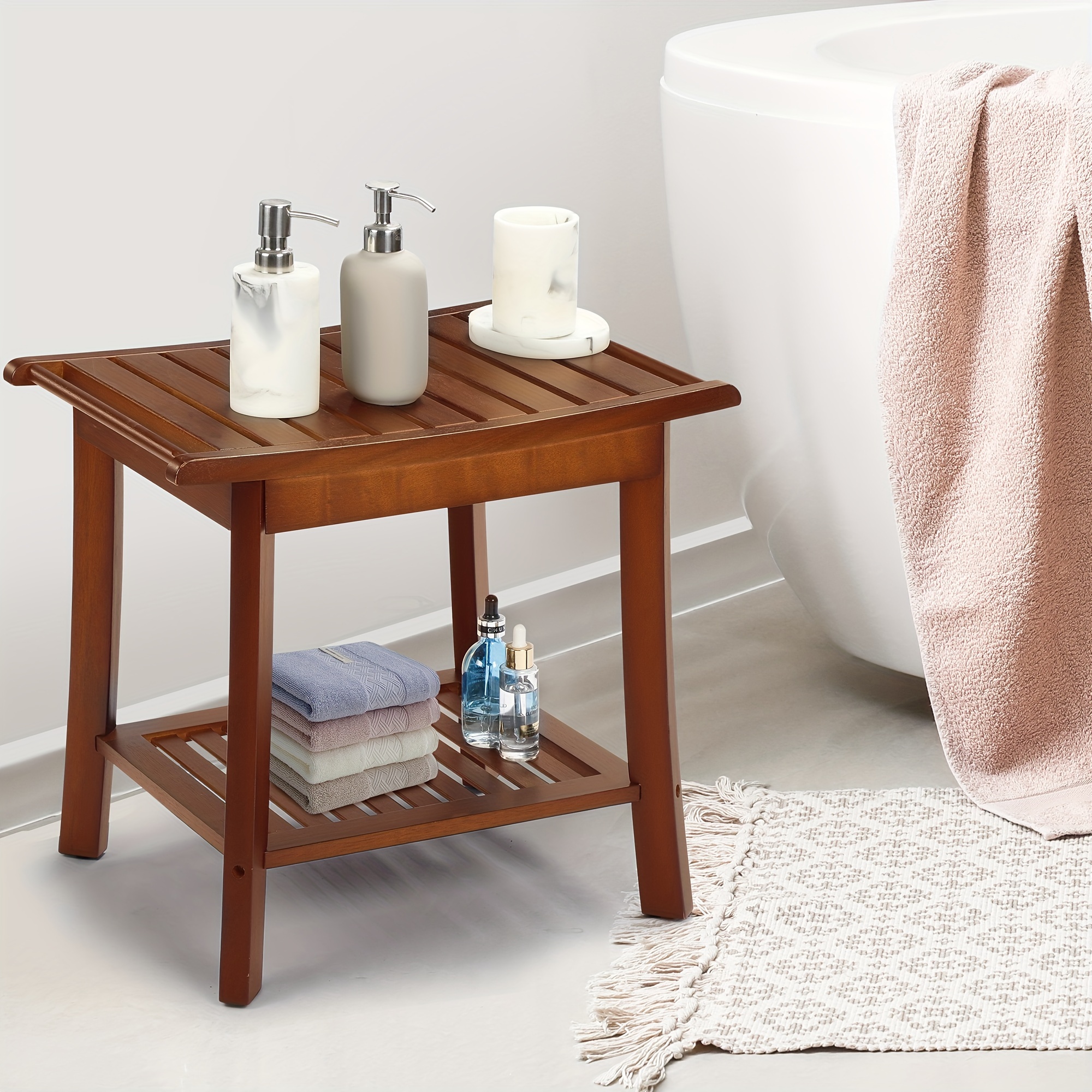 

Rengue Teak Shower Bench For Inside 2-tier Wood Shower Chair With Storage And Towel Rack Waterproof Shower Stool Bathroom Shower Seats 23.7 X 12.9 X 18.4 Inch