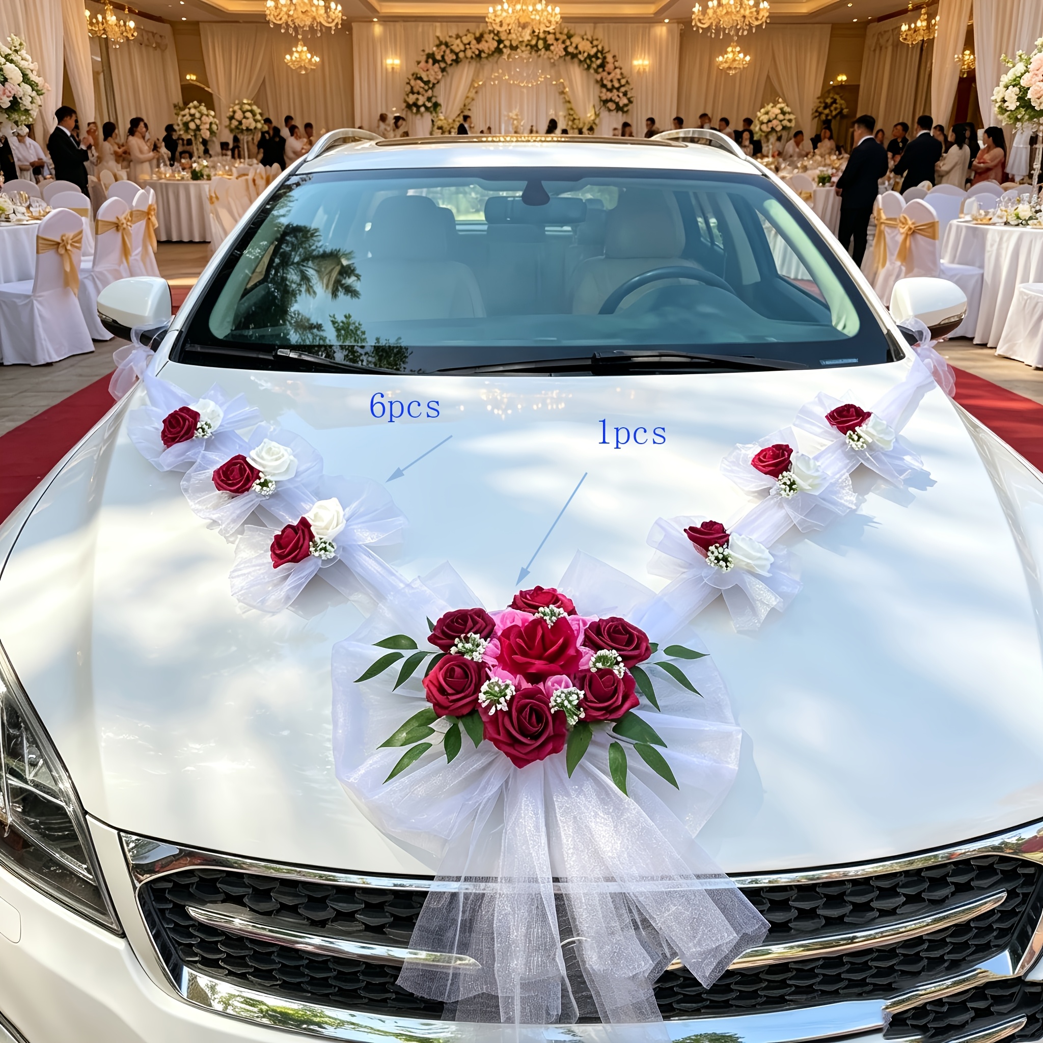 Image of New Main Wedding Car Head Flower Decoration Full Set, Rouge Red Faux Rose Chiffon Art Set Engagement Wedding Car Team Welcome Supplies, Christmas Decor, Halloween Decor