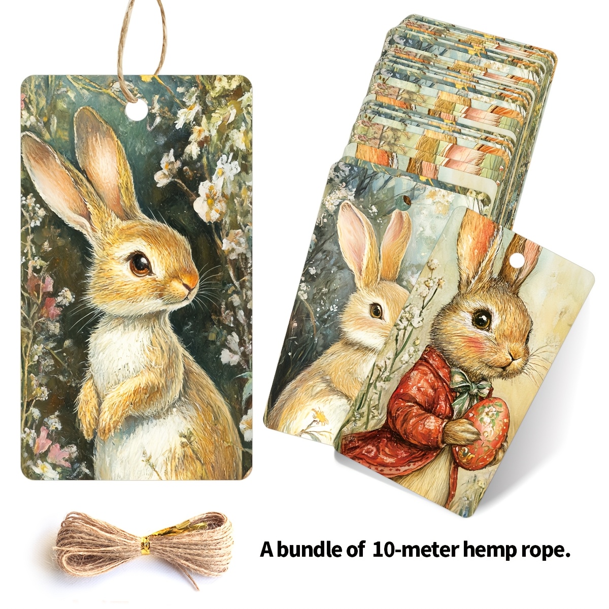 

50pcs Whimsycraft Vintage Rabbit Design Paper Tag Cards With Hemp - Pre- Bunny Themed Gift Tags For Easter Party Favors And Crafting