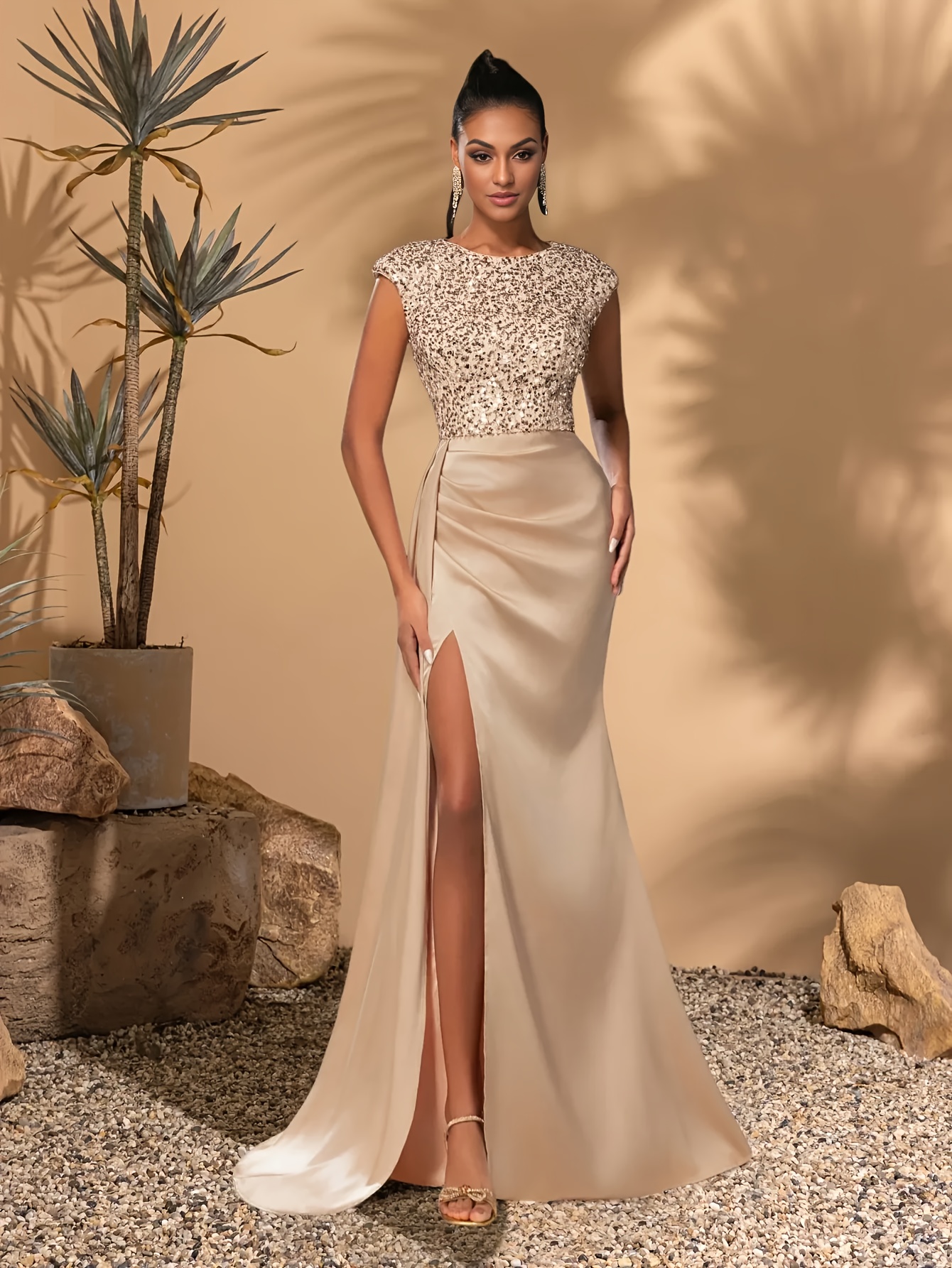 round neck sequin hugging side flounce prom - Temu Oman