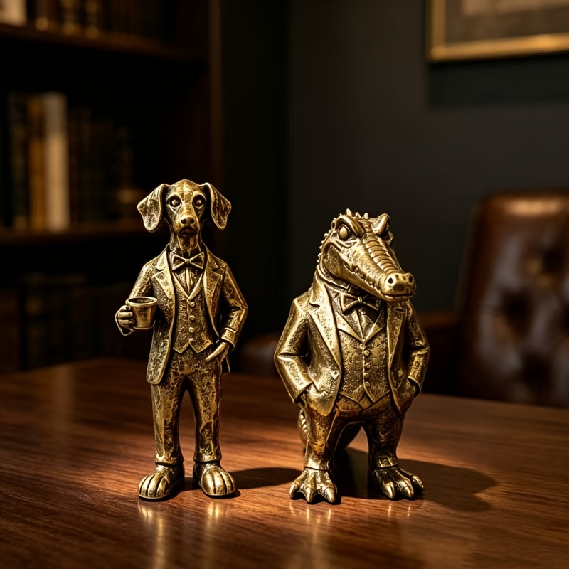 TEMU 2pcs Metal Creative Gentleman Crocodile And Suit Dog Mini Ornament, Suitable For Desktop Decoration, Suitable As Birthday Gift, Christmas Gift