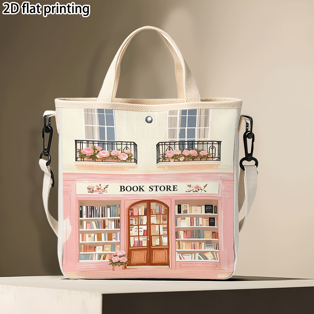TEMU 1pc Handbag, Pink Bookstore Flower Pattern Shoulder Bag For Ladies, Handbag With Fixed Shoulder Straps, Gift Bag