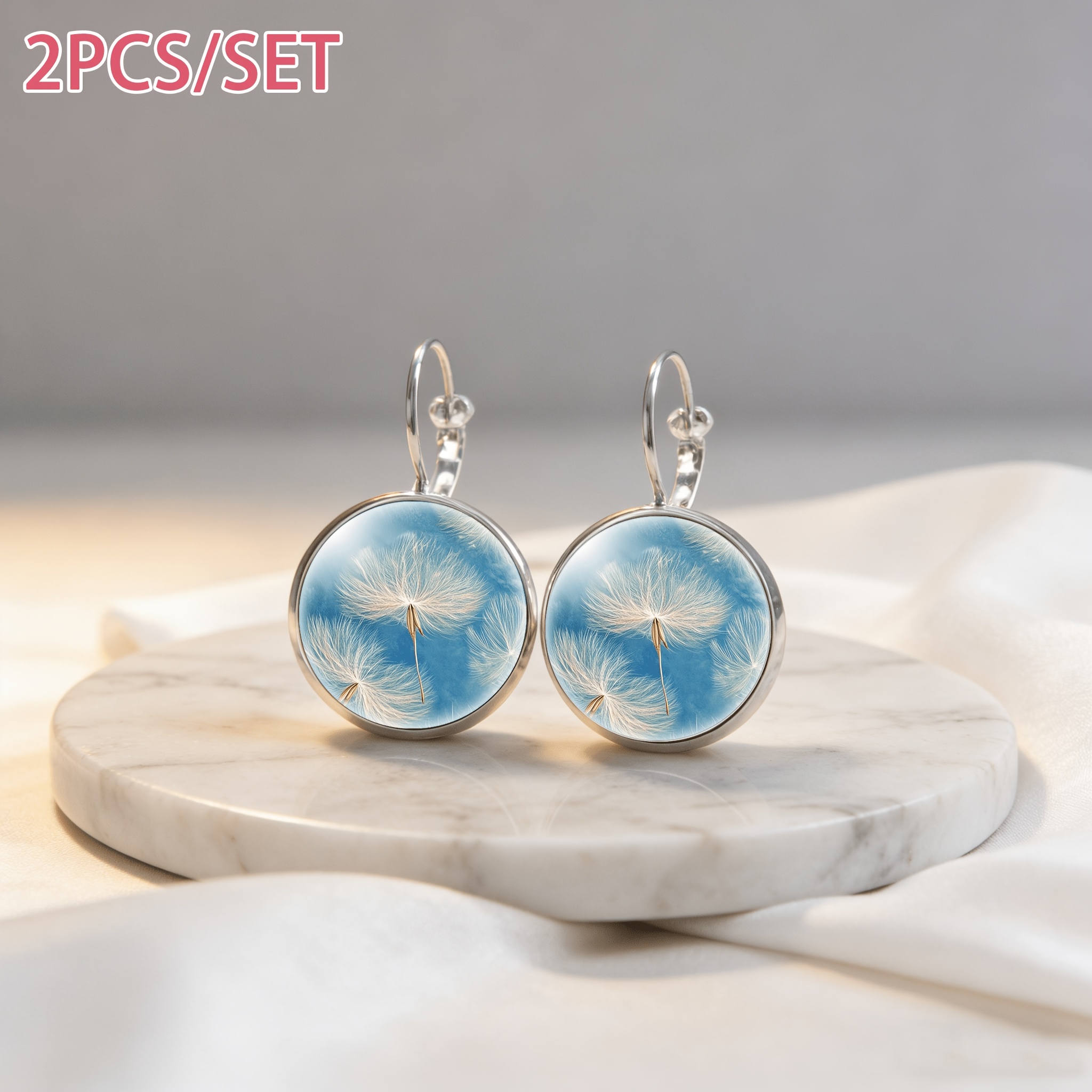 2pcs Set White French Ear Hook Earrings, Dandelion Seeds Design