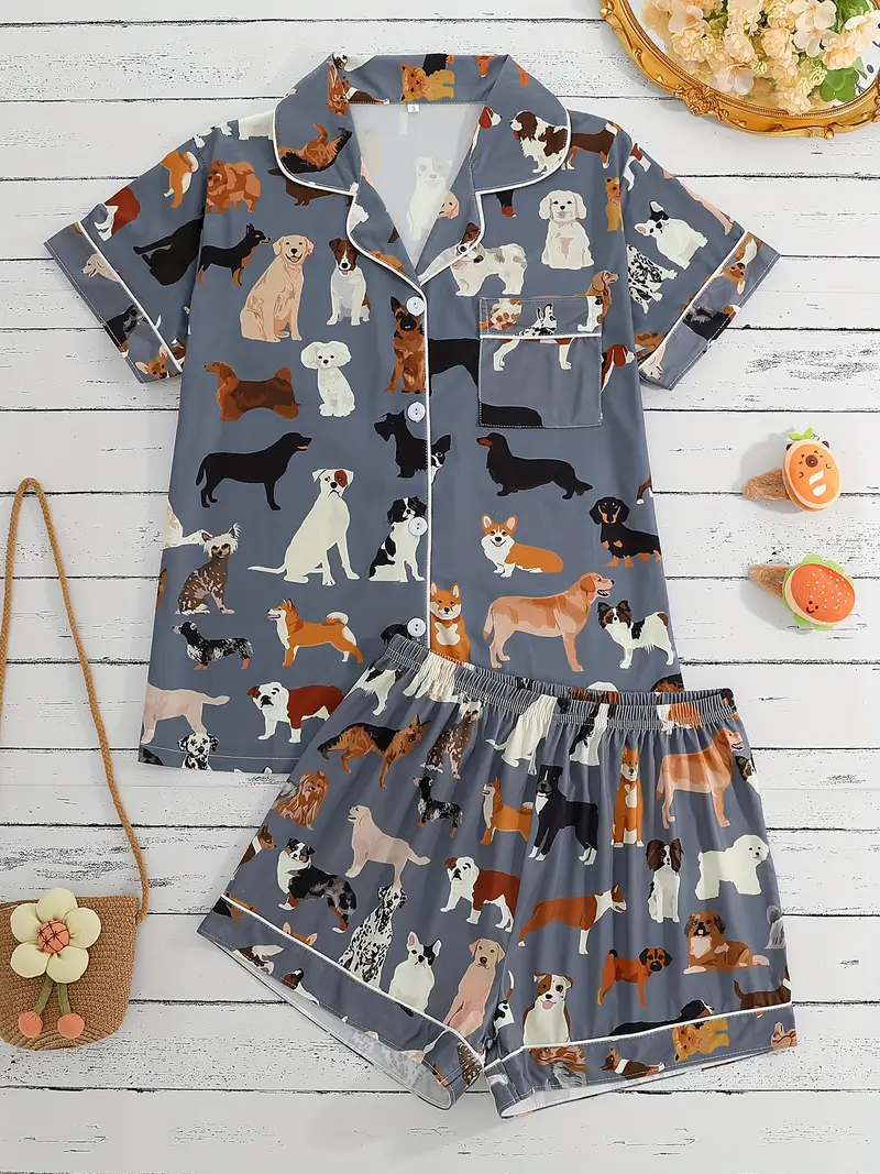 womens pajama set with cartoon dog animal print dark gray short sleeve shirt with pocket elastic waist shorts casual comfortable loungewear for Product details 0
