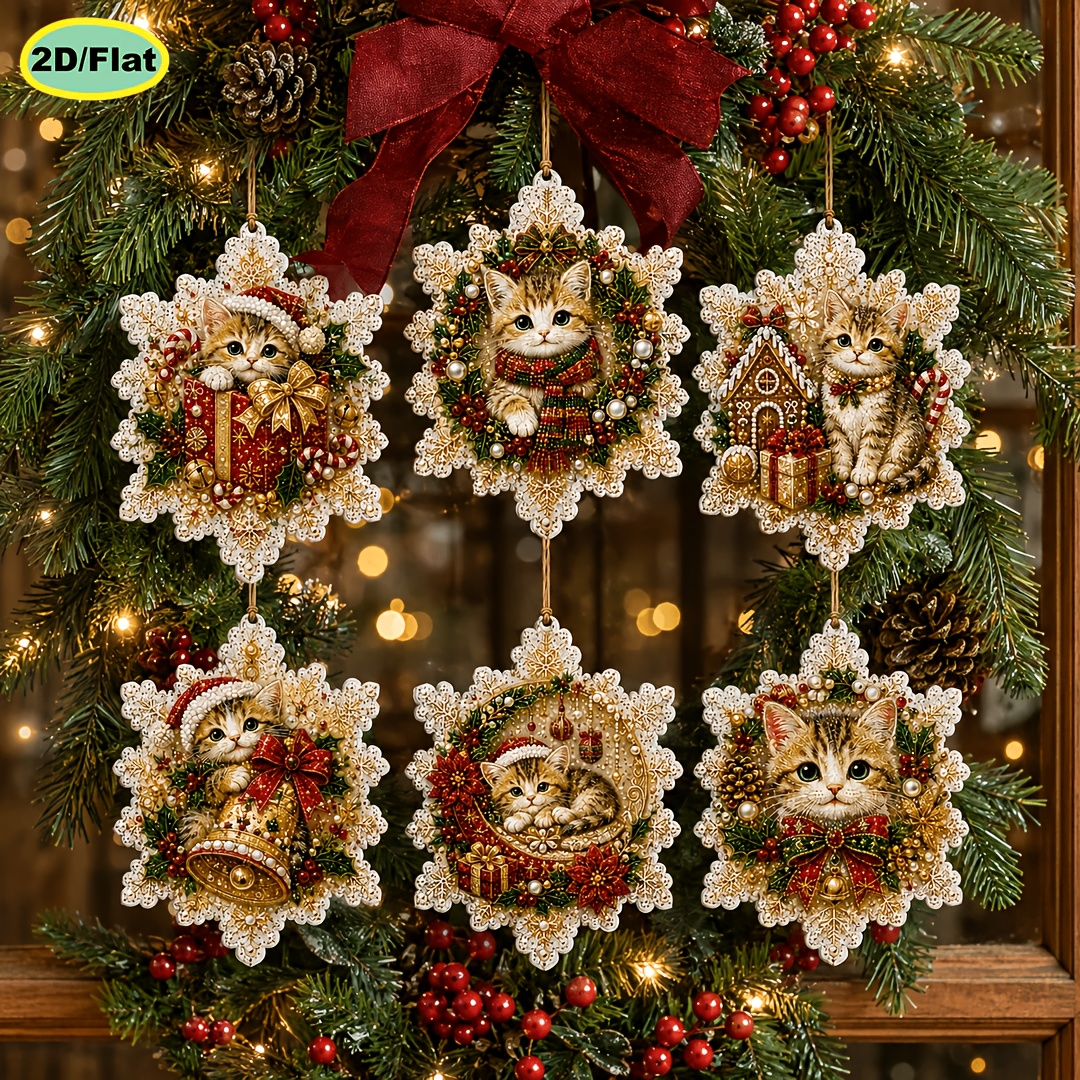 TEMU Ensemble de 6 pendentifs en bois pour peinture à et à la diamant, thème chat de Noël, impression 2D plate , ensemble complet de matériaux