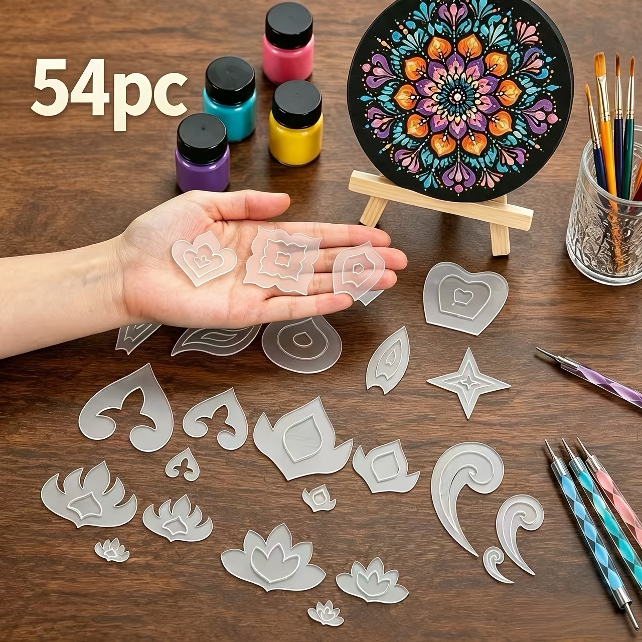 TEMU 54pcs Pet Mandala Dot Painting Stencils Set, 14 Basic Patterns 3 Sizes Reusable Hollow Flower Leaf Templates, Art Craft Stencils For Rock
