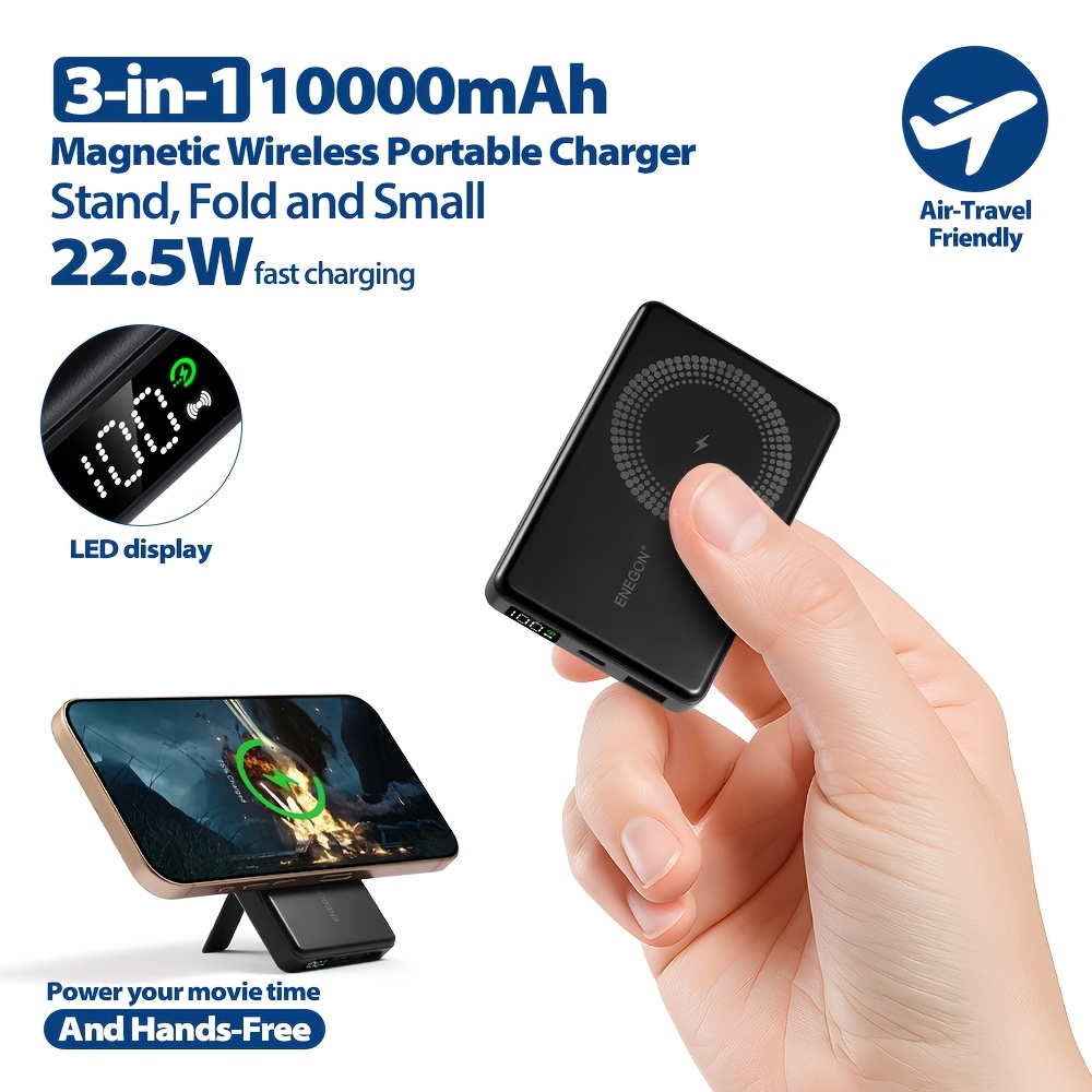 E-shop ENEGON 10000mAh 3-in-1 faltbarer magnetischer kabelloser tragbarer Ladegerät, 22,5W USB-C Power Bank mit Ständer, -kompatibel für iPhone