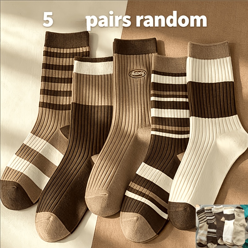 TEMU 5pairs Random Women' Colored Contrast Striped Mid Calf Socks, Vintage Ribbed Knit With Contrast Colors