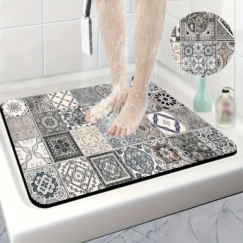 1pc diatomite bath mat classic retro tile pattern print design quick dry non slip absorbent floor mat soft and comfortable for bathroom shower laundry room bedroom doorway kitchen rug rv bathroom Product details 1