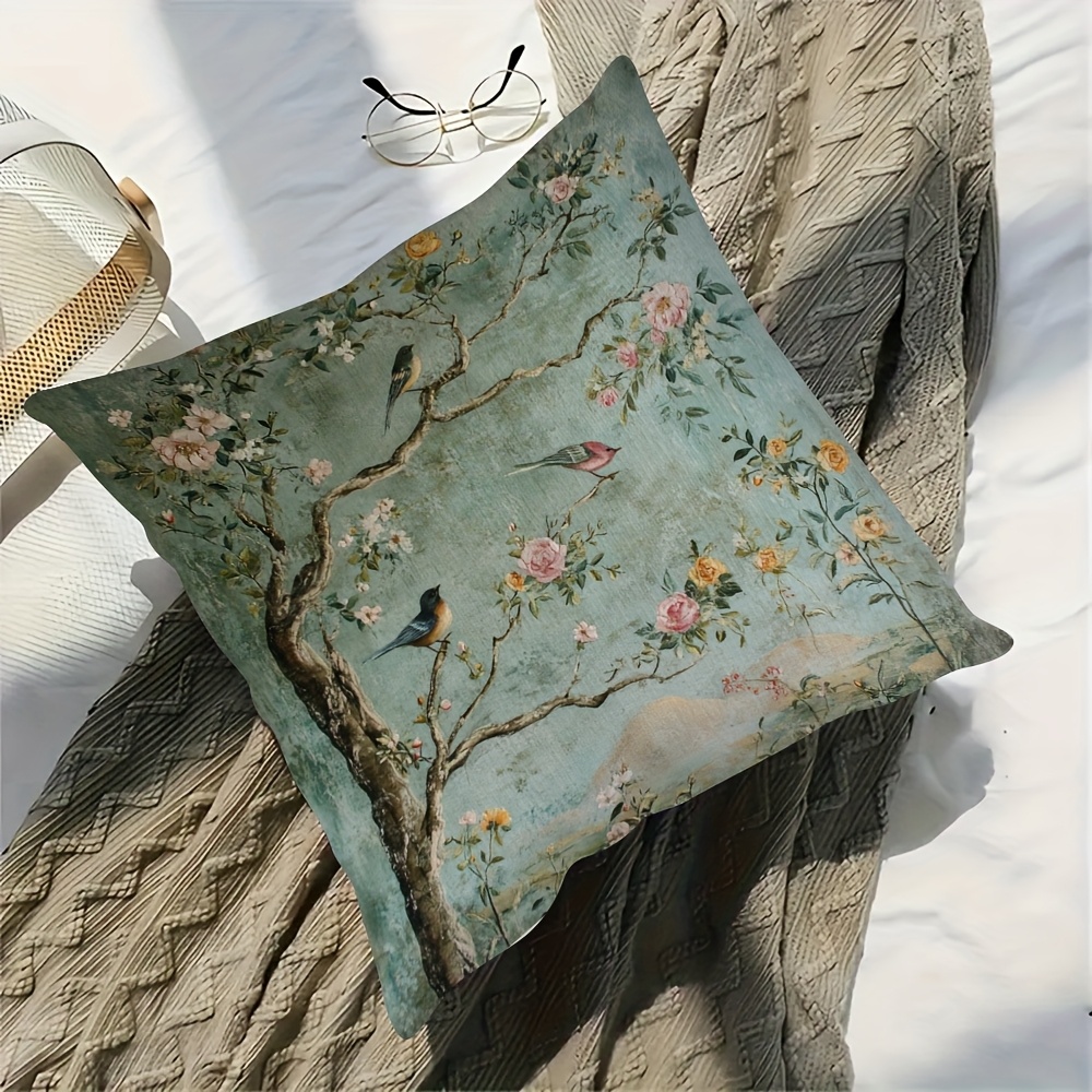 1 double sided vintage chinese floral and bird print pillowcase 18x18 inches soft plush polyester   design with roses on branches and birds suitable for sofa couch bedroom or car decorative cushion cover 2pcs 18 18 inch Product details 3