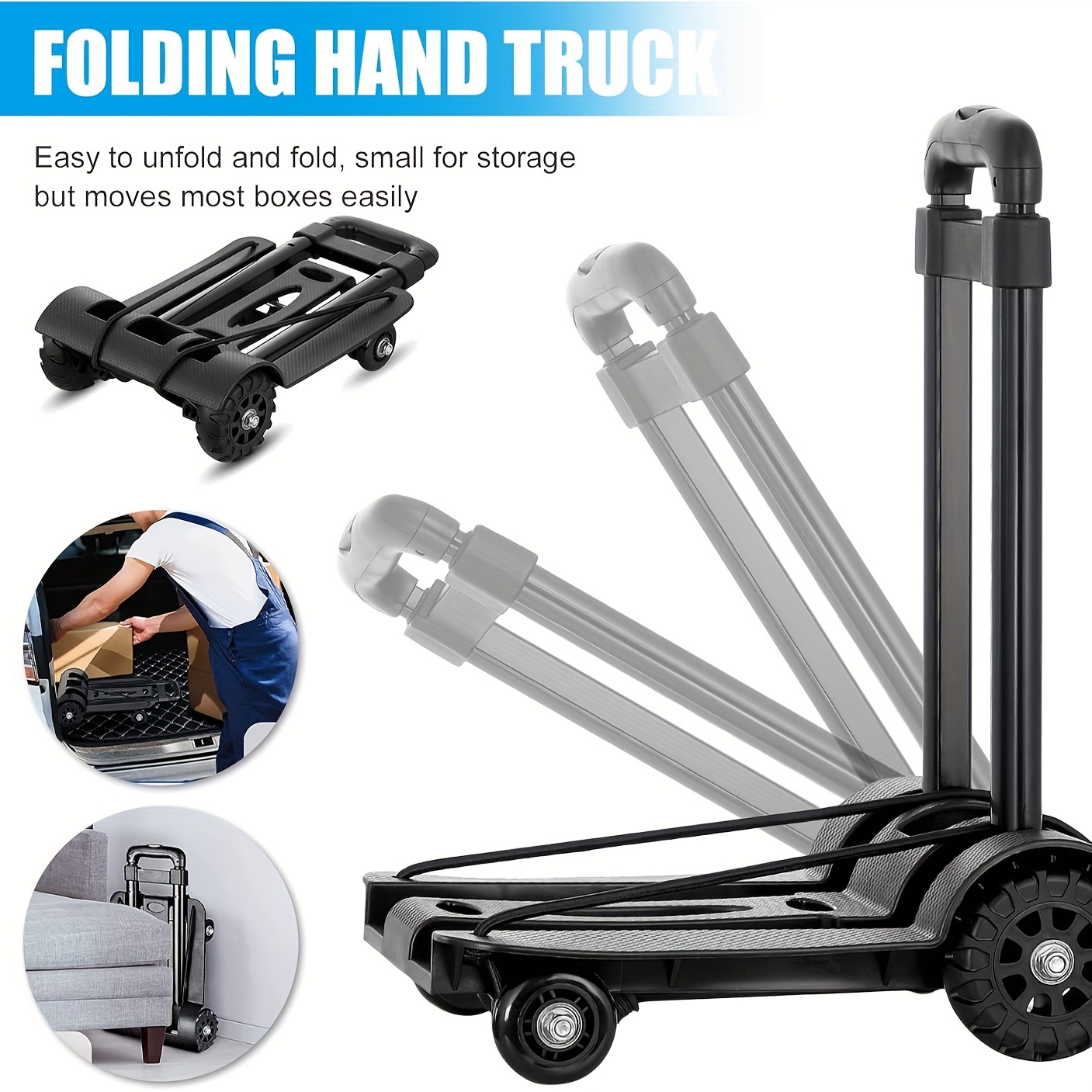 E-shop 40KG Faltbarer Sackwagen | Sackträger | Faltbarer Stahlwagen | Verstellbare Basisplatte & Gummiseile | 4 Räder | Faltet sich in einen Rucksack