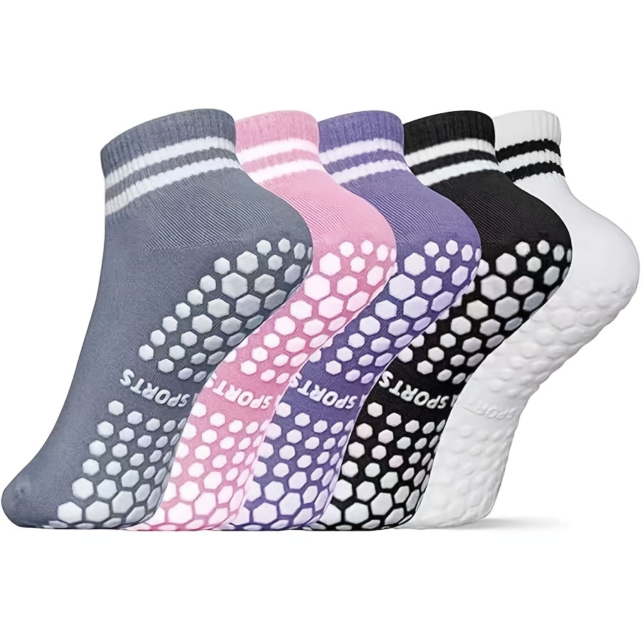 

5 Pairs Women's Pilates Yoga Socks, Dual Pattern, Polyester Knit Fabric, 95% Polyester 5% Spandex, Short Socks For Exercise, Ballet, Athletic Wear - Hand Wash Only