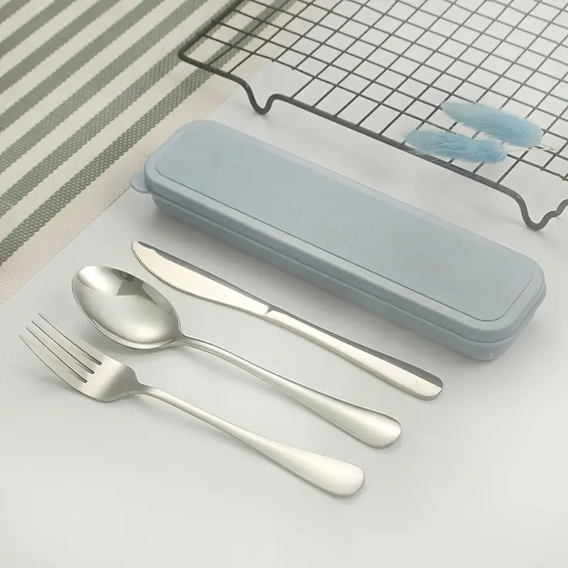 5pcs portable stainless steel cutlery set with storage box, reusible silverware camping utensils knife dishwasher safe for work school picnic travel lunchbox kit Product details 4