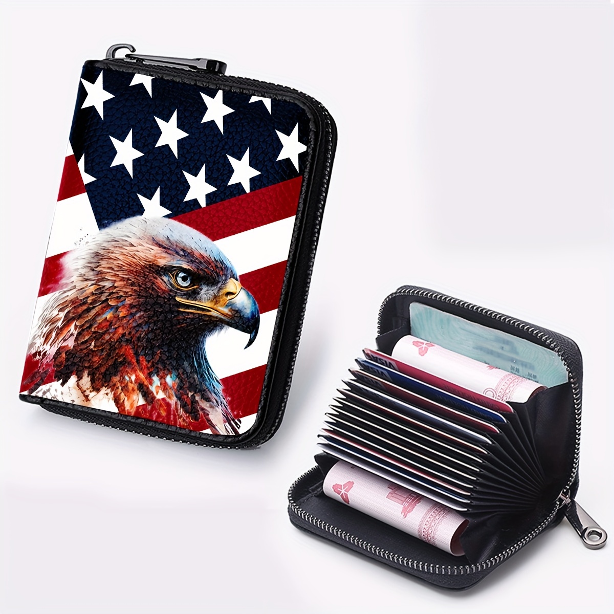 

Patriotic American Flag & Eagle Credit Card Mini Holder, Unisex Compact Leather Wallet, Independence Day Theme Travel Purse(4.33''x 1.18'')