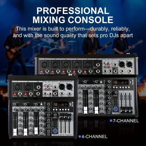 professional dj audio mixer in 4 7 channels supports usb mp3 and computer with dsp technology featuring 16 sound effects for streaming recording in dj