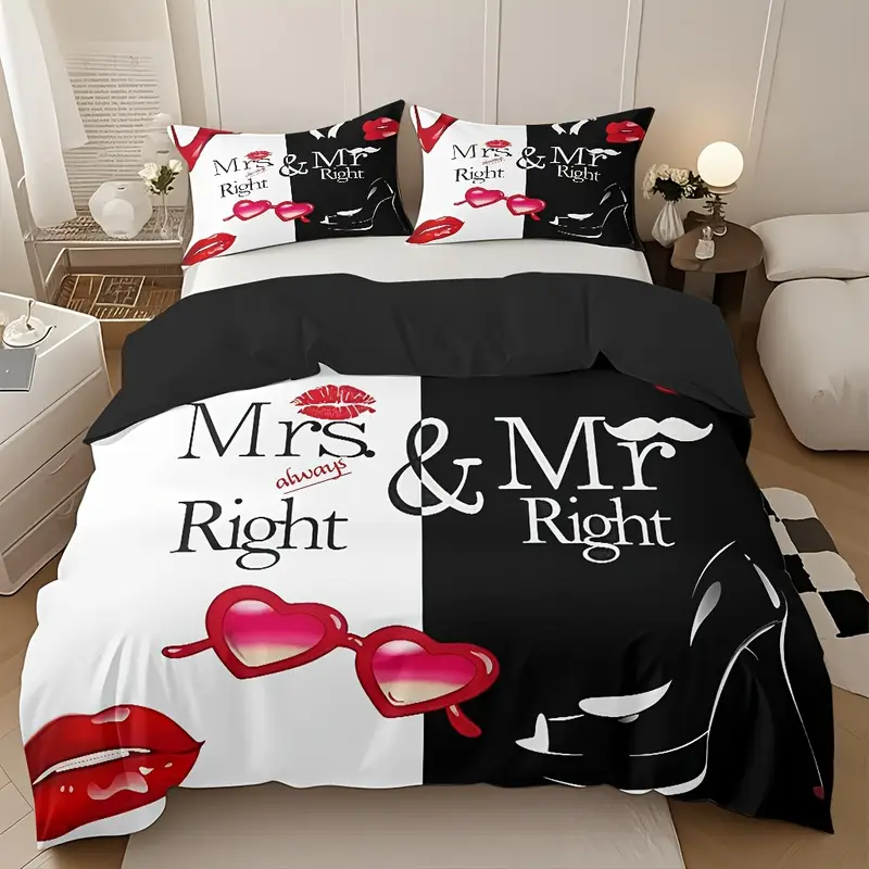 3pcs comfortable romantic couple themed duvet cover set soft high definition with black and white contrast perfect gift for machine washable 1 duvet cover 2 pillowcases no filling Product details 4