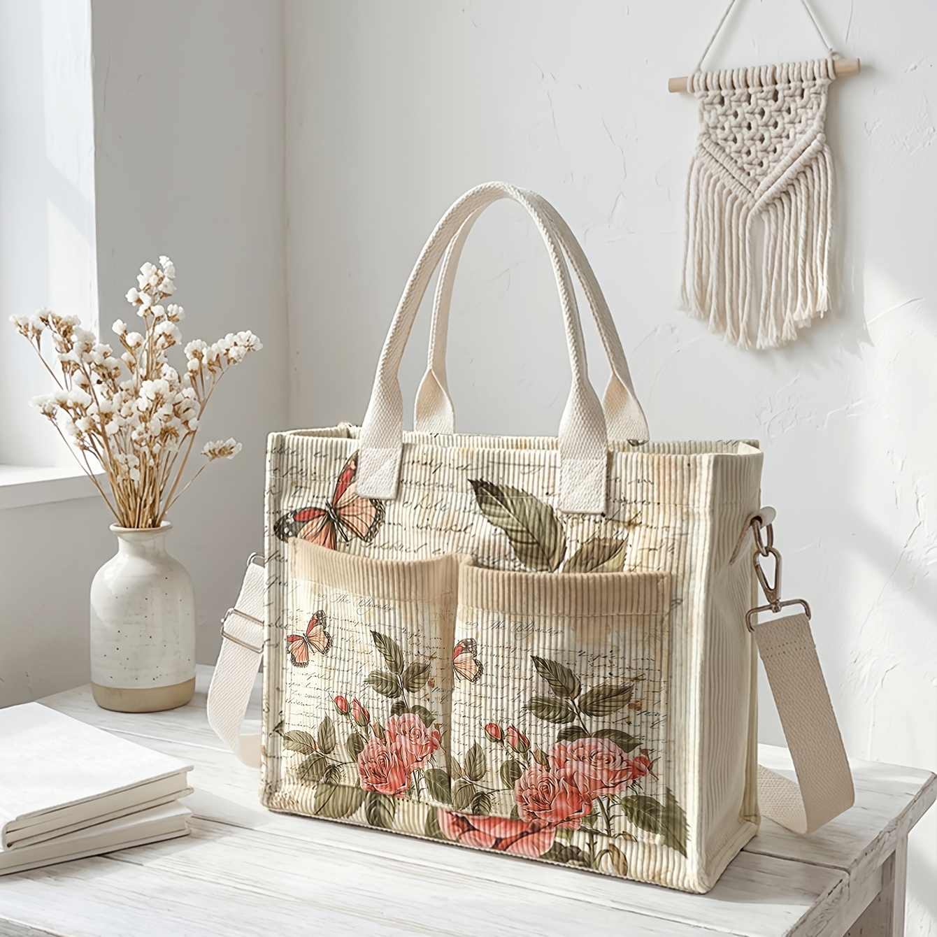 TEMU 1pc, 2d Printed Ladies' Tote Bag With Flower And Patterns, Corduroy Texture, Suitable For Hand And Crossbody Use. Versatile For Commuting,