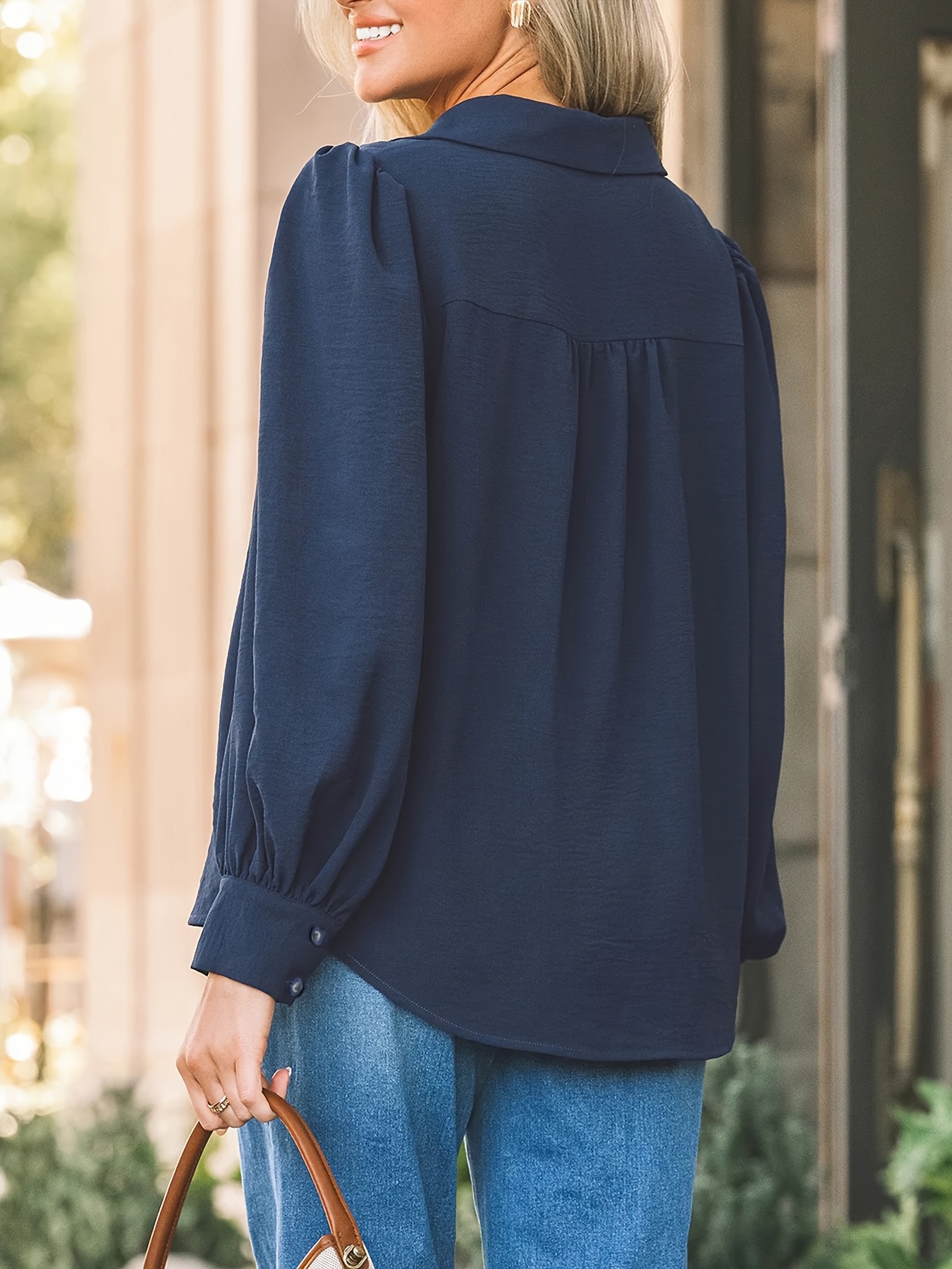 womens navy blue long sleeve puff sleeve button shirt solid Temu