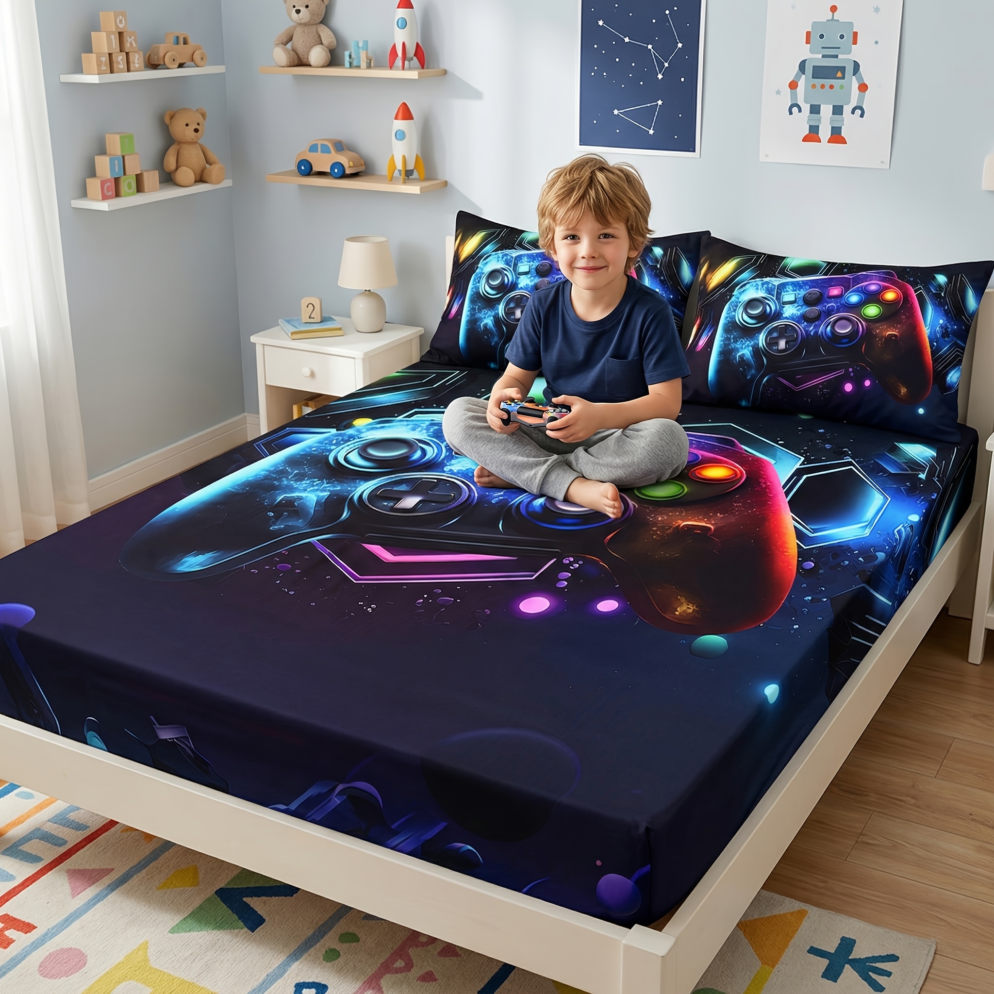 TEMU 2d Flat 3pcs Game Controller Fitted Sheet Set With Deep Pockets (1 Fitted Sheet 2 Pillowcases Without Pillow) Suitable For Rooms And Playrooms,