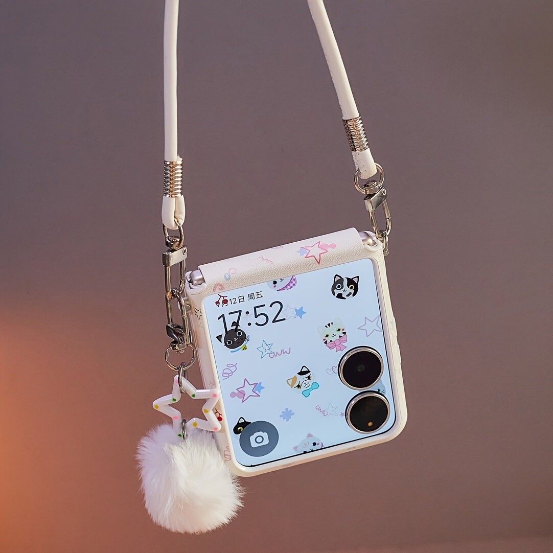 phone case cute cat with magnetic suction inside hand rope and hair ball hanging accessory suitable for galaxy zflip 7 zflip 6 phone cases hinge protection suitable for   flip cover suitable for samsung folding anti fall protection