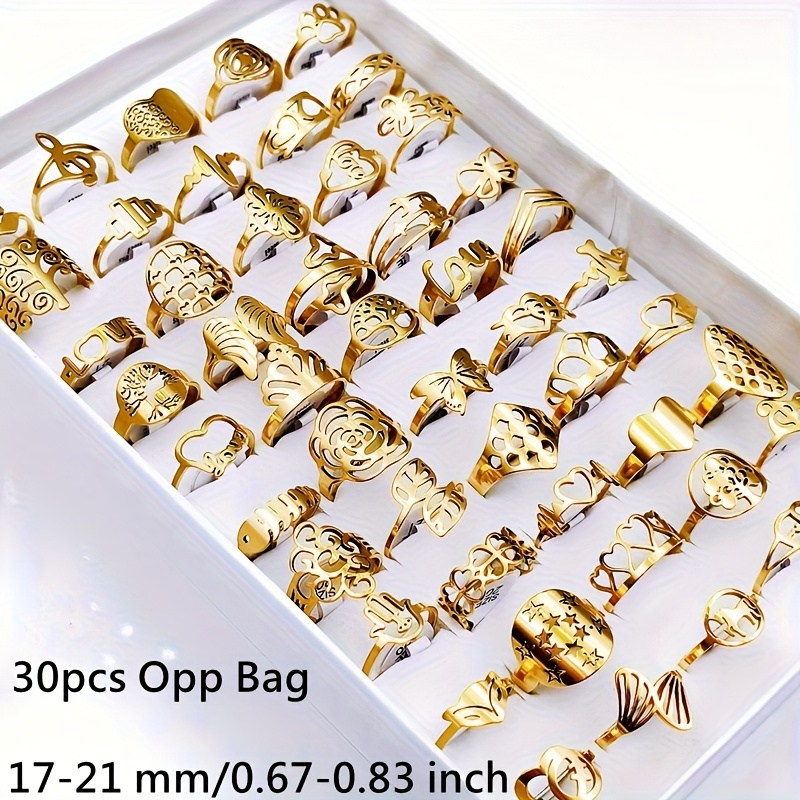 TEMU Lot de 30 pièces/sac Ensemble Bijoux pour Femmes et Hommes Anneaux Ajourés en Acier Inoxydable Couleurs Argenté, Doré & Noir Taille 17mm-21mm