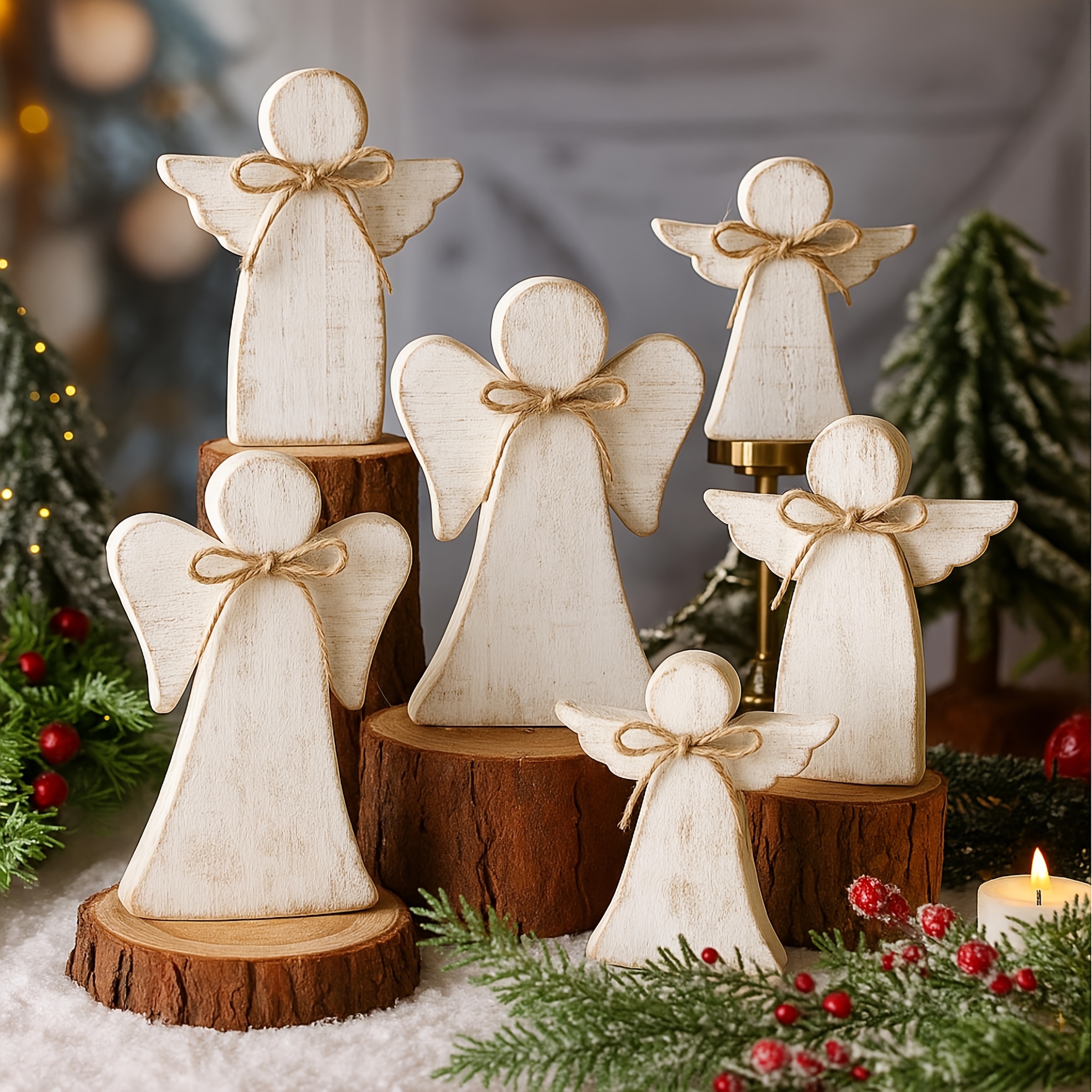 Image of Rustic Wooden Ornament Set, Unpainted Wooden Christmas With Twine Bow, Suitable For Tiered Farmhouse Trays, Mantels, Coffee Tables, Etc., Ideal Christmas Home Decor Gift