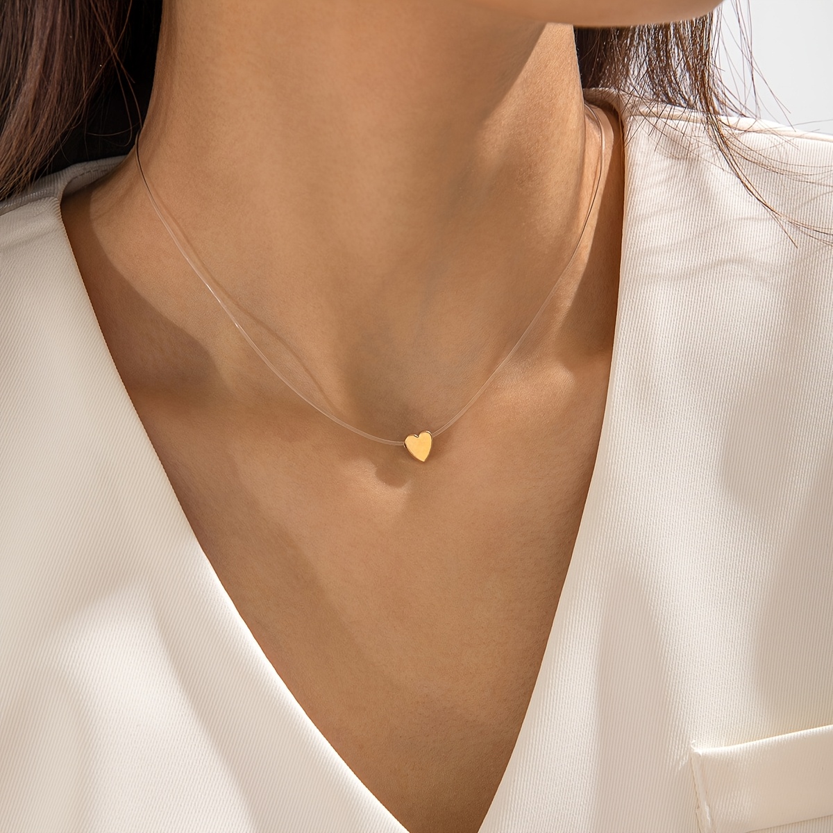 TEMU 1pc Minimalist And Stylish Heart-shaped Peach Pendant Necklace With Transparent Elastic Cord, Ideal For Women' Wear, Parties, And As A Perfect
