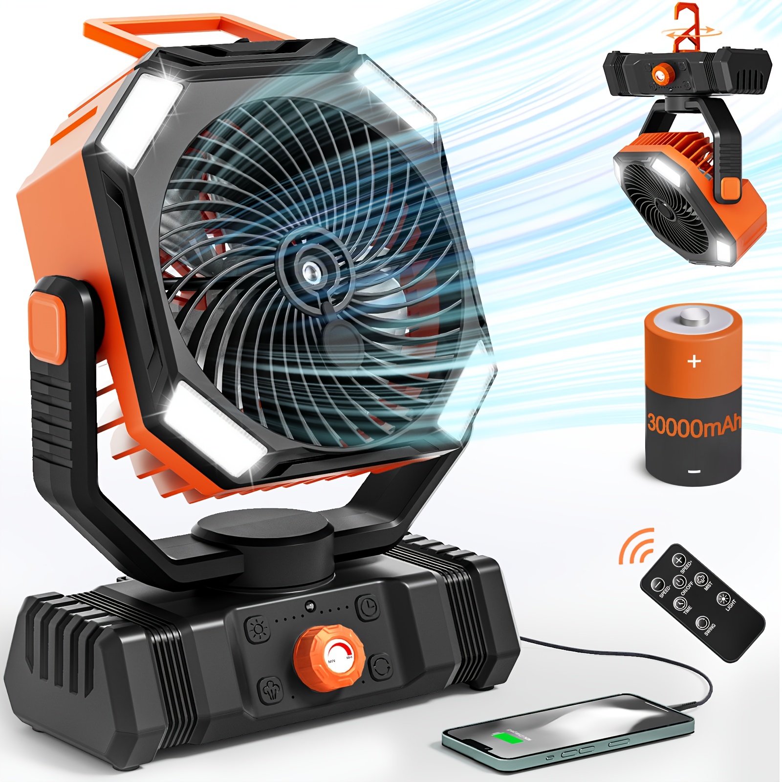 TEMU 30000mah Camping Fan With Led Light, Cold Air Battery Powered Fan, Rechargeable Battery Driven Oscillating Fan With Remote Control And Hook,