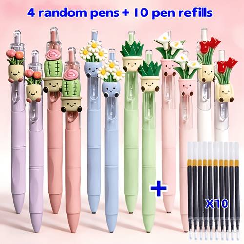 14pcs set of adorable plant themed 4 ballpoint pens 10 refills retractable click type ballpoint ballpoint pens random styles cute floral quick dry ballpoint pens office writing supplies suitable for school stationery classroom rewards