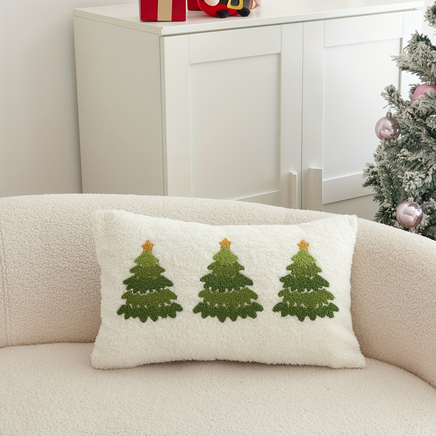 Christmas Tree Embroidered Throw Pillow Covers, Traditional Style, Machine Washable, Zippered Polyester Decorative Pillowcases For Home Decor - 1 Piece