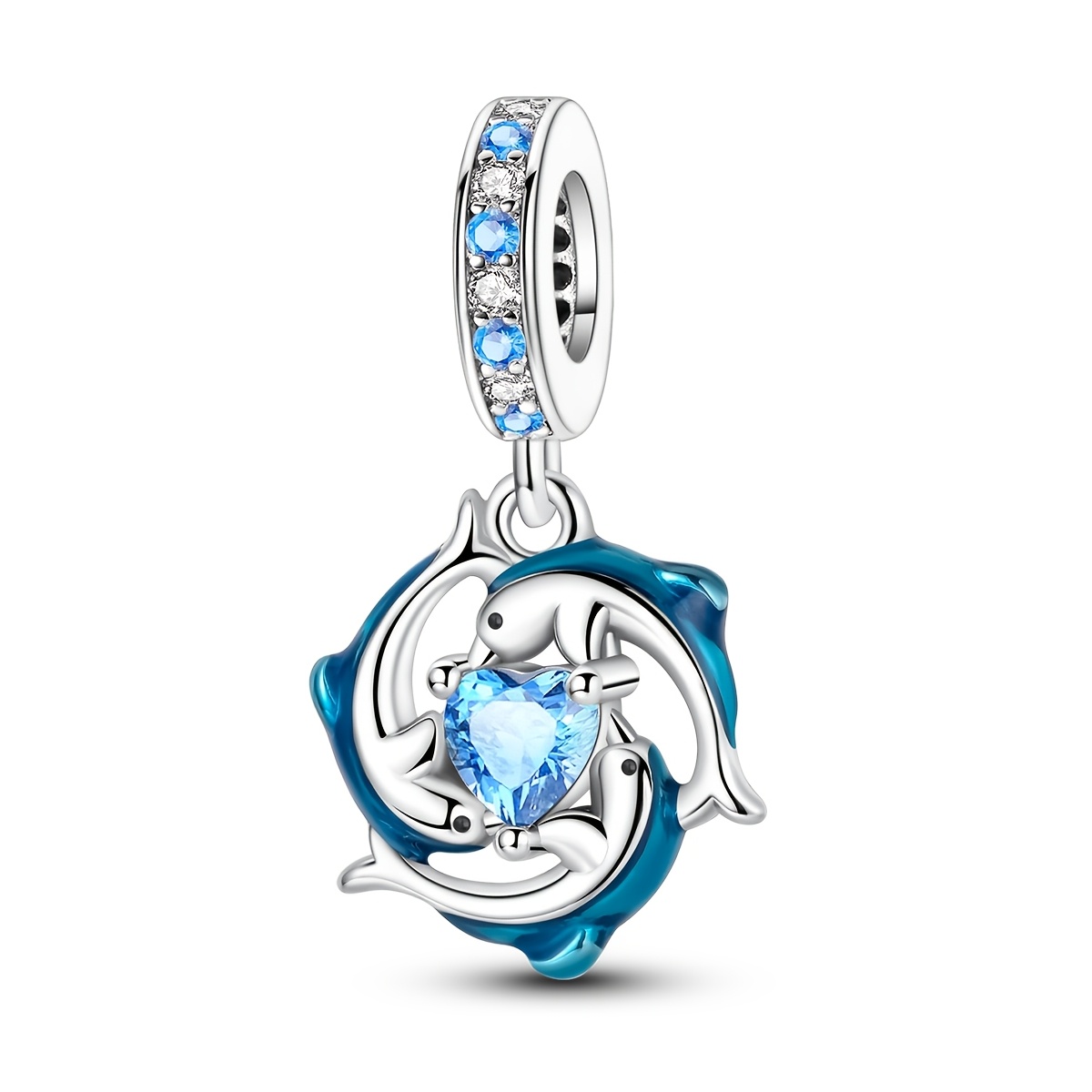 E-shop Versilberter Delfin Herz Synthetischer Zirkon Charm | Niedlicher Sommer Ozean Tier Anhänger für Schmuck, Armband, Halskette Perlen, Ideal für
