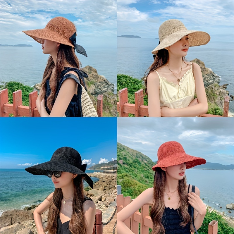 Wide Brim Sun Hat Solid Color Bow Ponytail Hat Summer - Temu