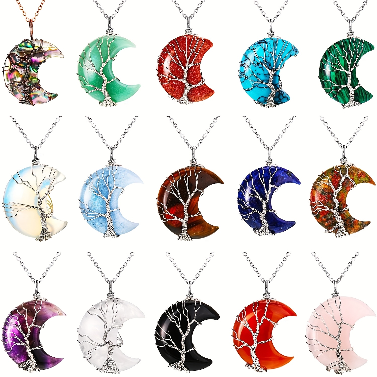 5 pack tree of life crescent crystal pendant necklace wire wrapped natural synthetic gemstone pendant quartz   jewelry chakra   multicolor jewelry christmas gift for women surprise synthetic gemstone accessory