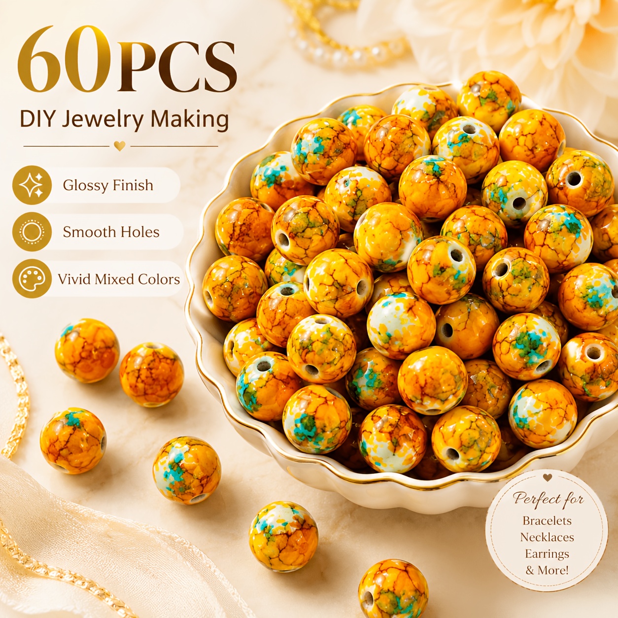 TEMU 60pcs, 8mm Yellow Multicolor Polka Dot Beads, Decorative Beads For Jewelry, Suitable For Bracelets, Necklaces, And Car Charms - Craft Additions