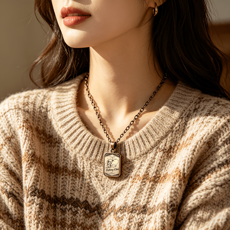 Women's Double-Sided Square Glass Tag Necklace